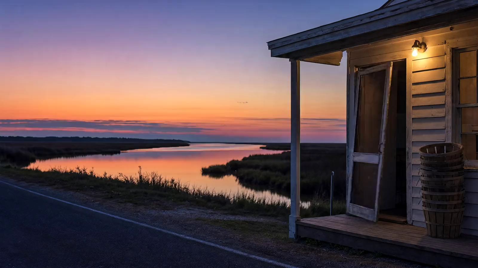 A white crab shack with its screen door half open and a porch bulb lit, beside an empty two-lane road and a tidal creek at dusk