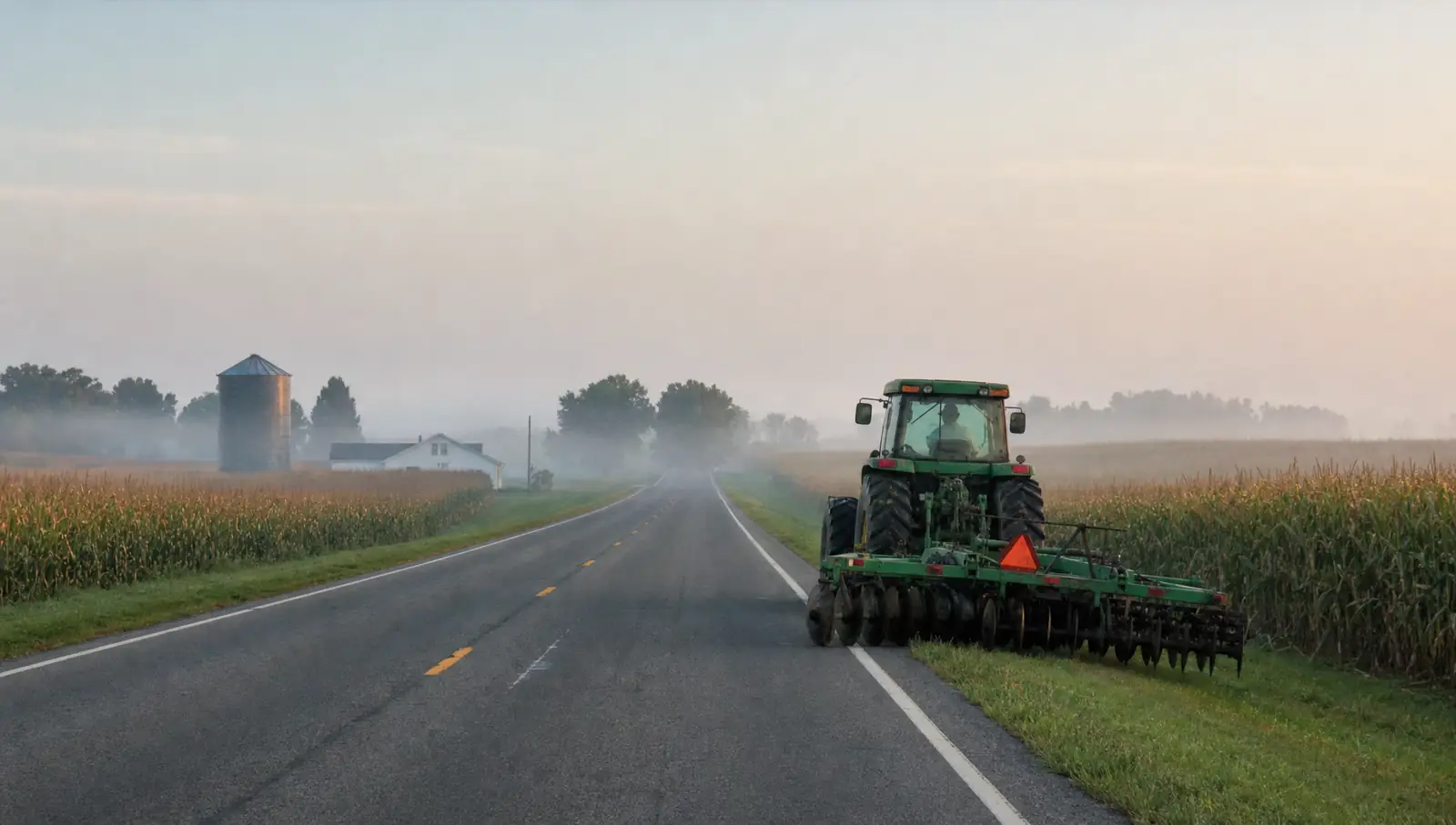 A green farm tractor towing a wide disc harrow along the edge of a straight rural highway between cornfields in early morning mist