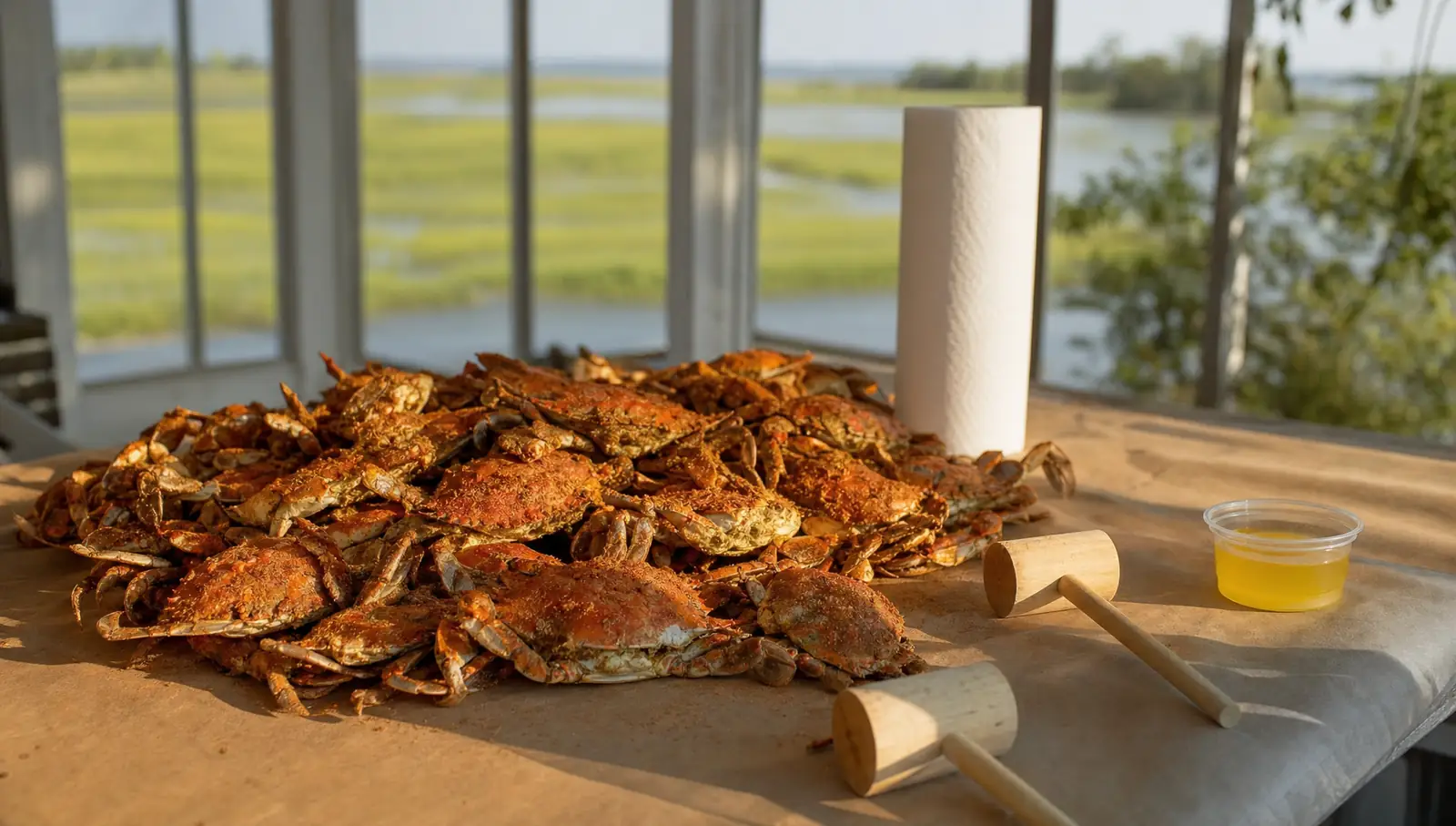 Steamed blue crabs dusted in red-orange seasoning on brown paper with wooden mallets, melted butter and paper towels, a green marsh beyond the porch windows